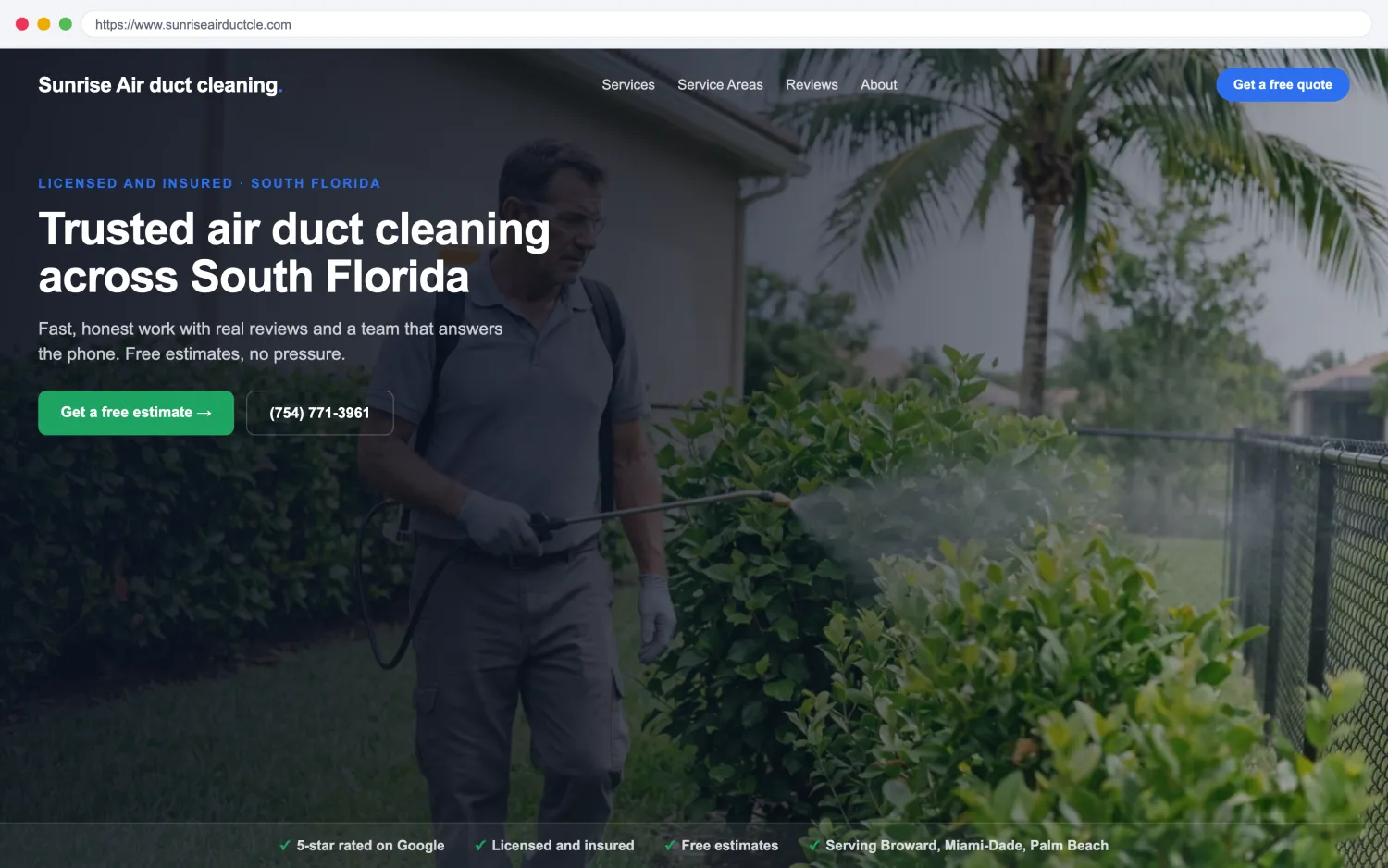 Illustrative example of a modern, fast air duct cleaning website by FoundRank.ai with a clear hero, a get-a-quote button, and trust signals.