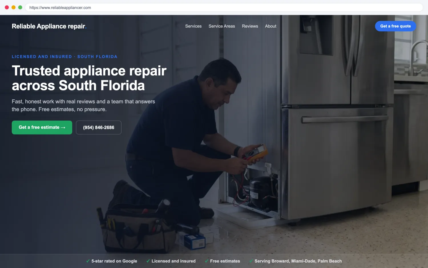 Illustrative example of a modern, fast appliance repair website by FoundRank.ai with a clear hero, a get-a-quote button, and trust signals.