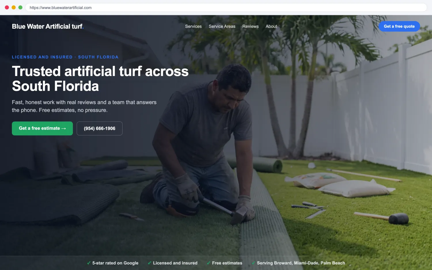 Illustrative example of a modern, fast artificial turf website by FoundRank.ai with a clear hero, a get-a-quote button, and trust signals.