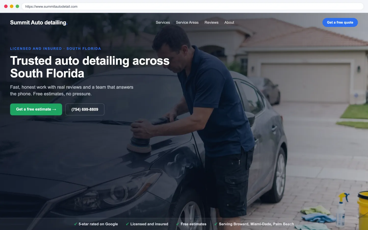 Illustrative example of a modern, fast auto detailing website by FoundRank.ai with a clear hero, a get-a-quote button, and trust signals.