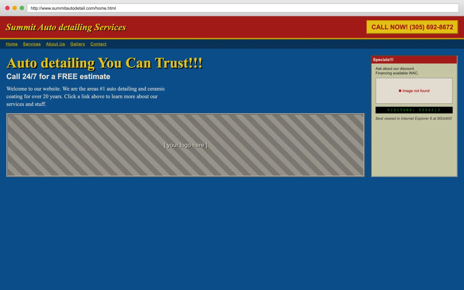 Illustrative example of a dated, broken auto detailing website with clashing colors, a missing image, and hard-to-read layout.