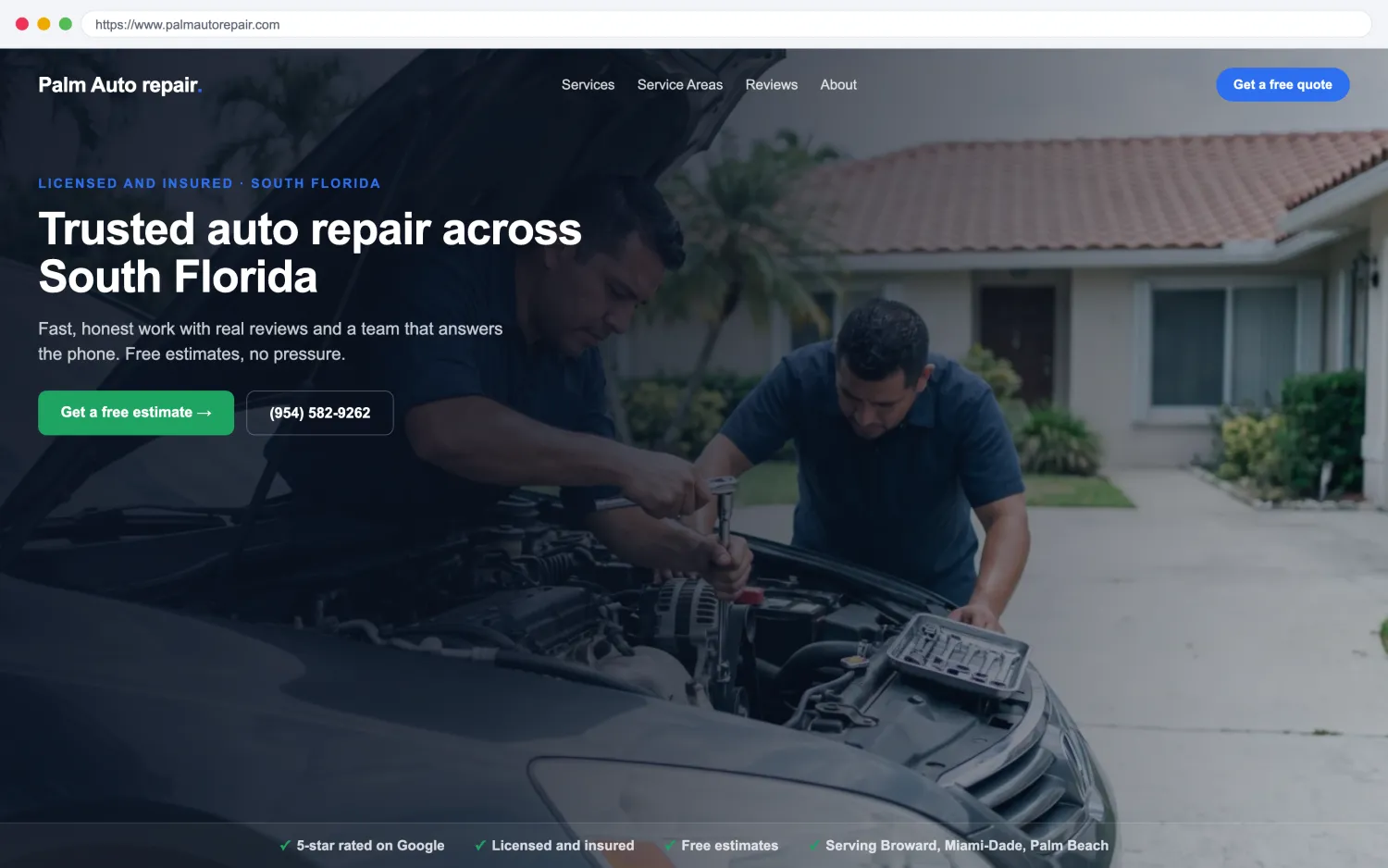 Illustrative example of a modern, fast auto repair website by FoundRank.ai with a clear hero, a get-a-quote button, and trust signals.