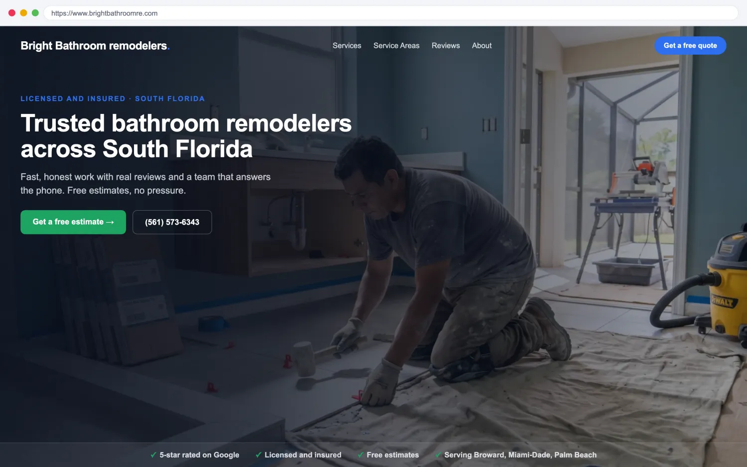 Illustrative example of a modern, fast bathroom remodelers website by FoundRank.ai with a clear hero, a get-a-quote button, and trust signals.