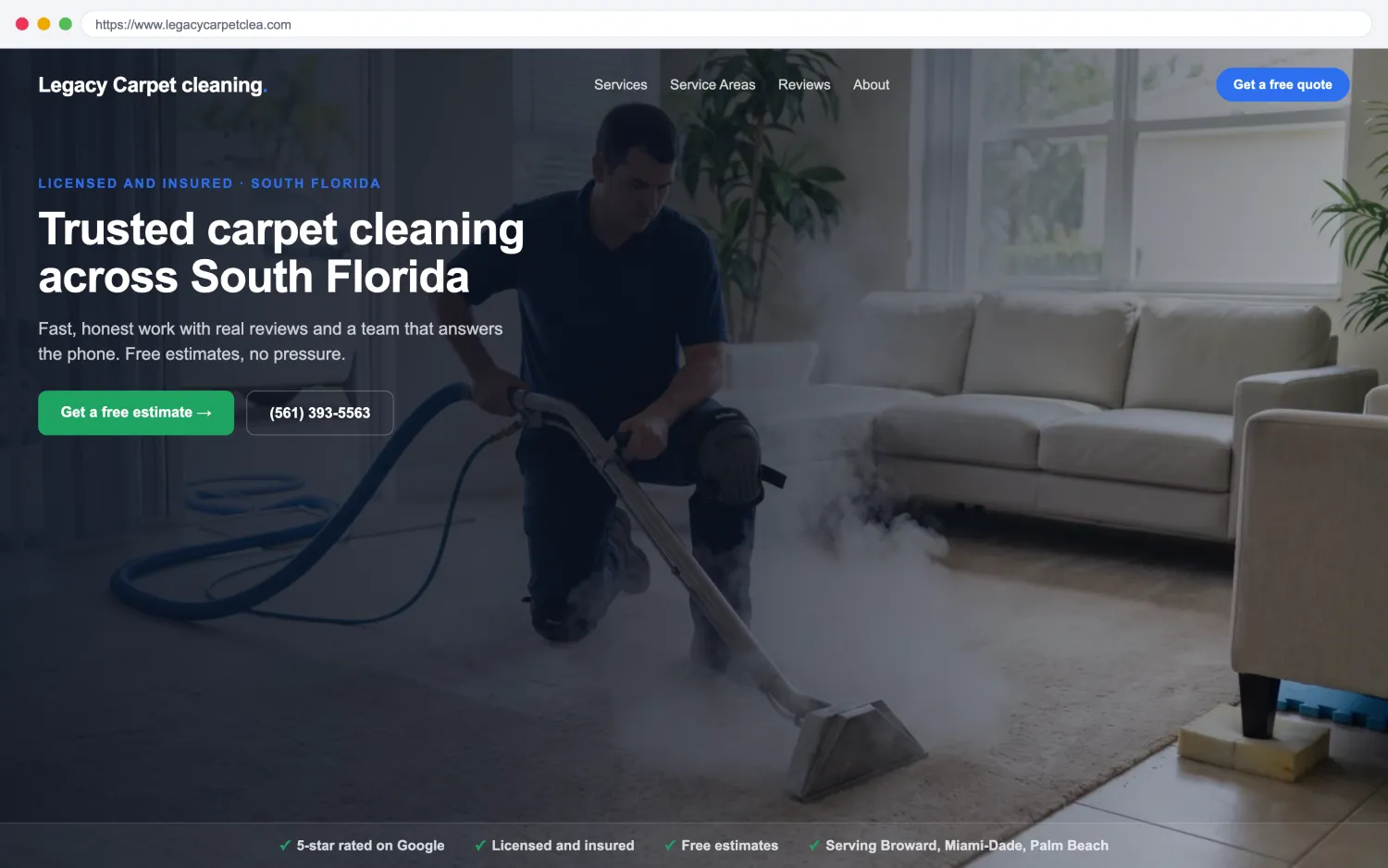 Illustrative example of a modern, fast carpet cleaning website by FoundRank.ai with a clear hero, a get-a-quote button, and trust signals.
