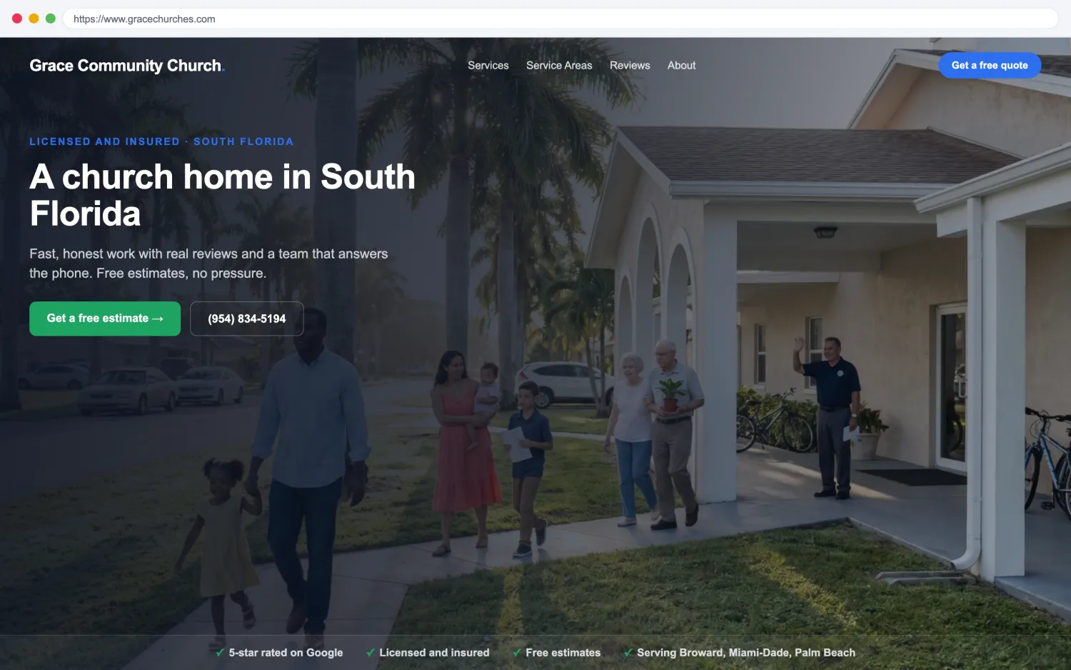 Illustrative example of a modern, fast churches website by FoundRank.ai with a clear hero, a get-a-quote button, and trust signals.