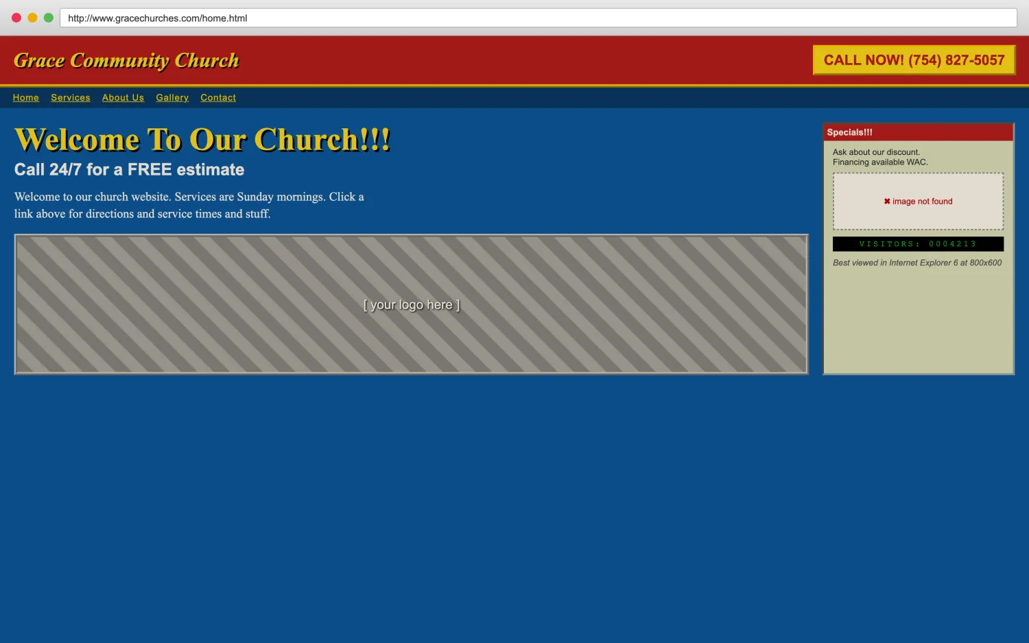 Illustrative example of a dated, broken churches website with clashing colors, a missing image, and hard-to-read layout.