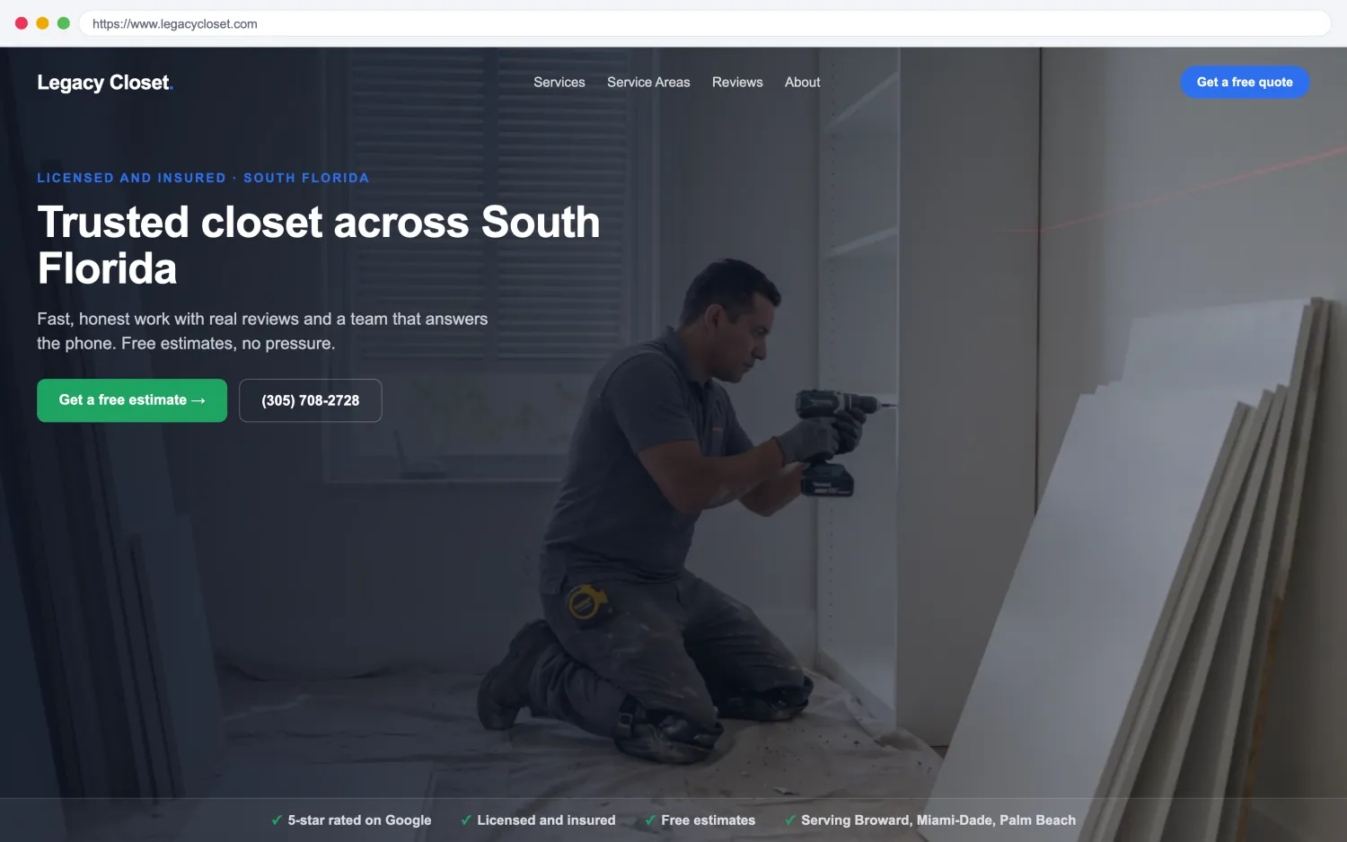 Illustrative example of a modern, fast closet and garage organization website by FoundRank.ai with a clear hero, a get-a-quote button, and trust signals.