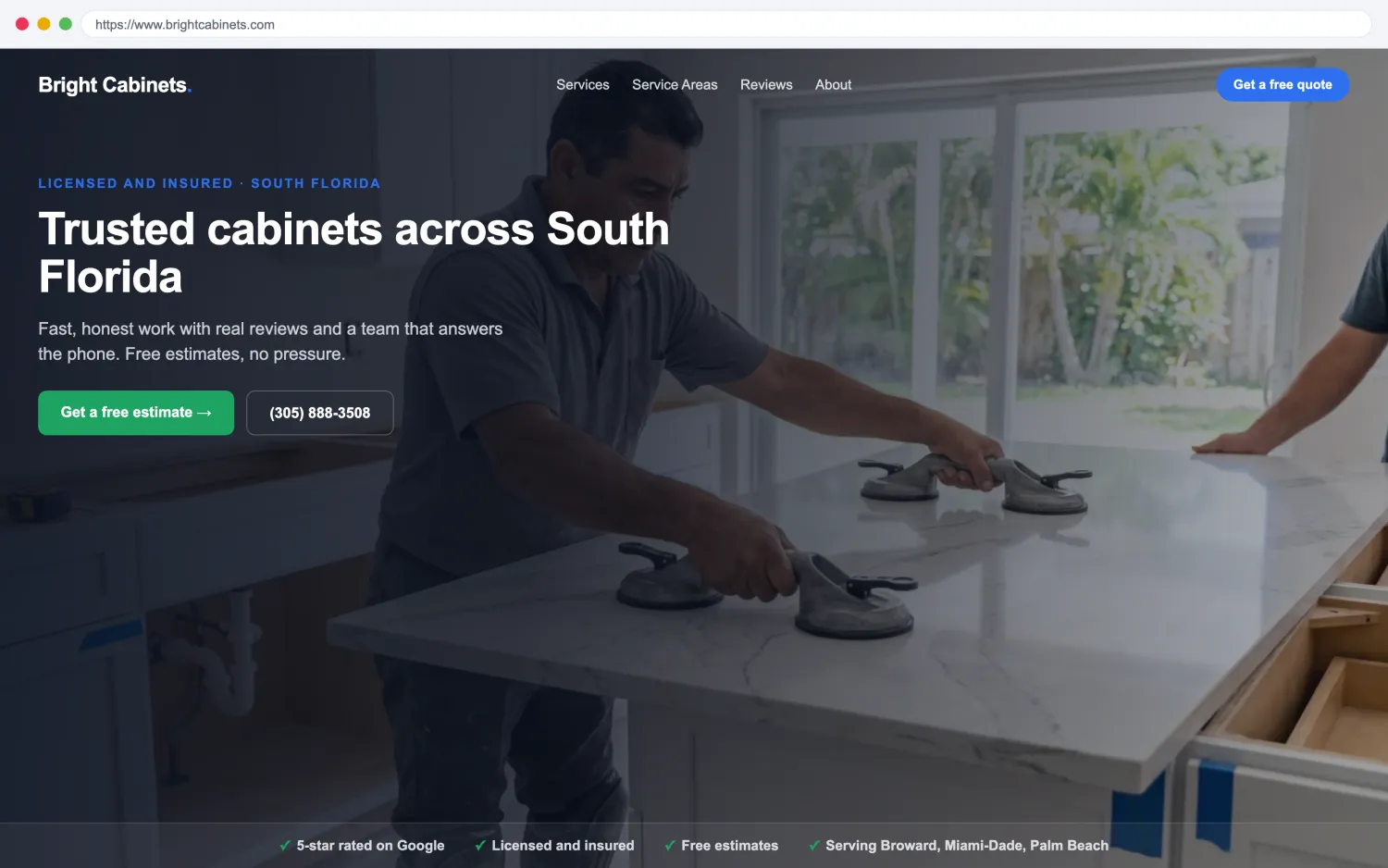 Illustrative example of a modern, fast cabinets and countertops website by FoundRank.ai with a clear hero, a get-a-quote button, and trust signals.