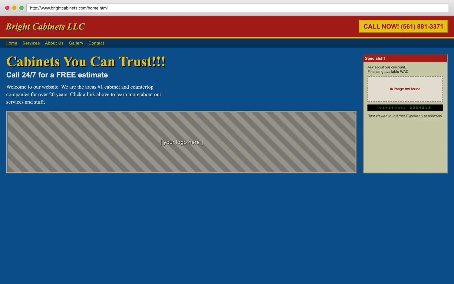 Illustrative example of a dated, broken cabinets and countertops website with clashing colors, a missing image, and hard-to-read layout.