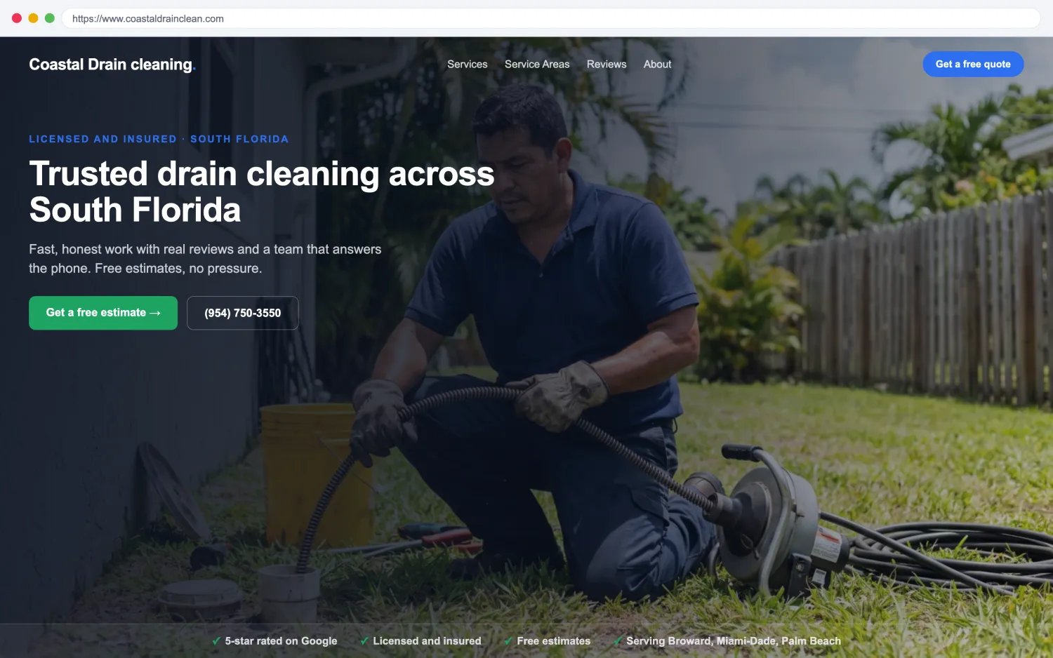 Illustrative example of a modern, fast drain cleaning and septic website by FoundRank.ai with a clear hero, a get-a-quote button, and trust signals.