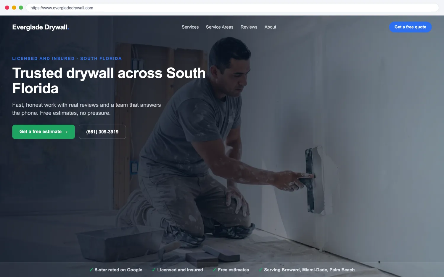 Illustrative example of a modern, fast drywall website by FoundRank.ai with a clear hero, a get-a-quote button, and trust signals.