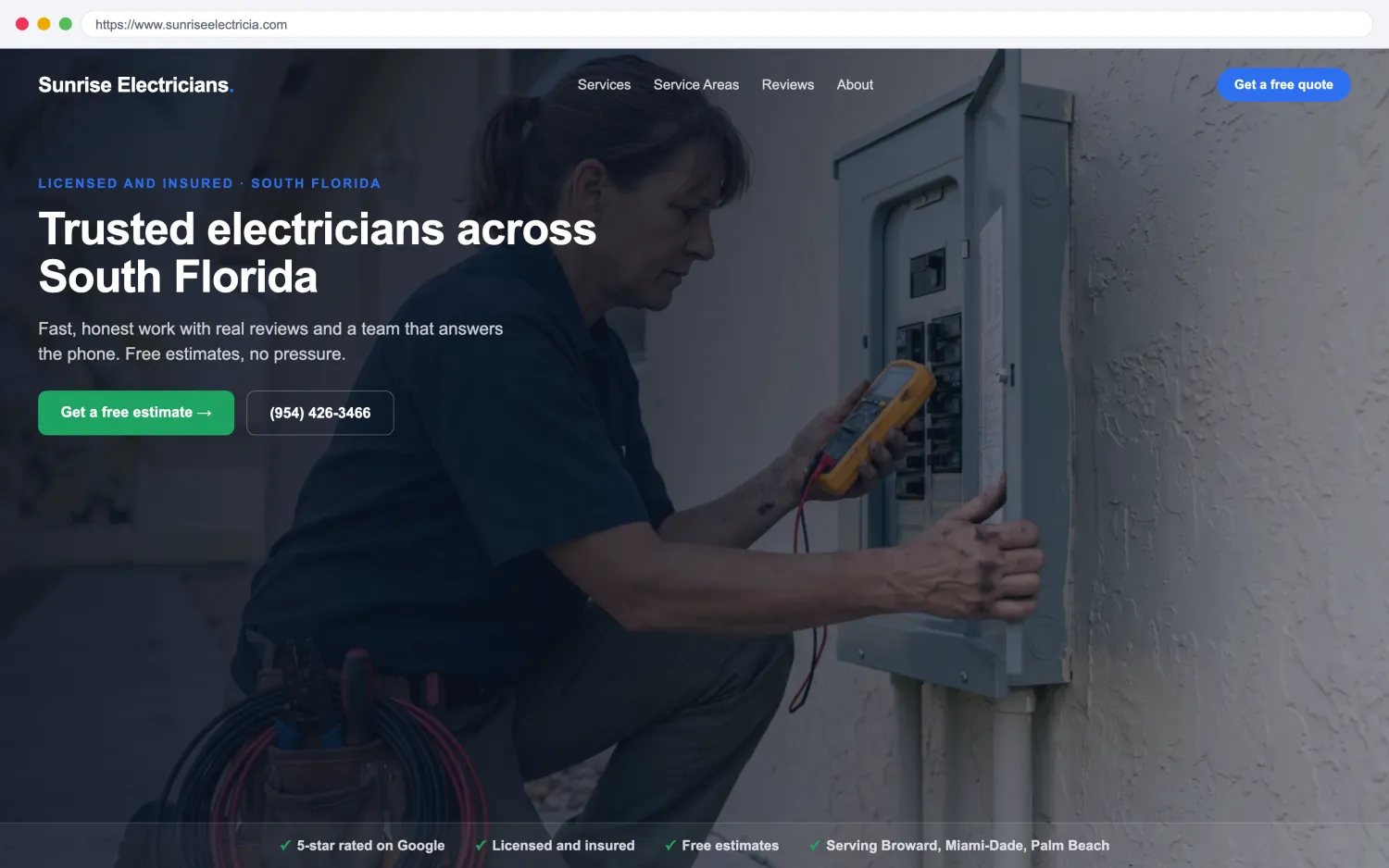 Illustrative example of a modern, fast electricians website by FoundRank.ai with a clear hero, a get-a-quote button, and trust signals.