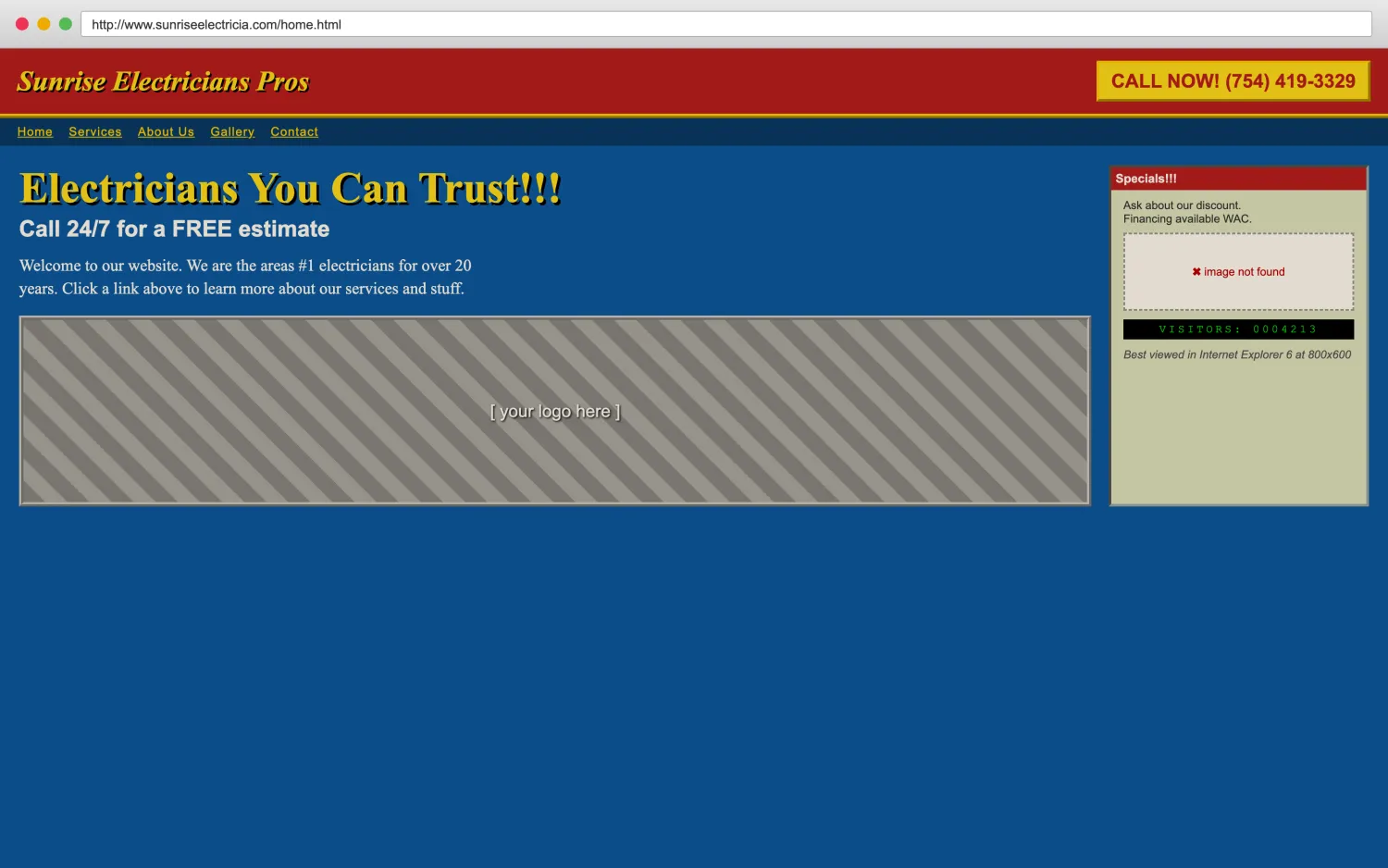 Illustrative example of a dated, broken electricians website with clashing colors, a missing image, and hard-to-read layout.
