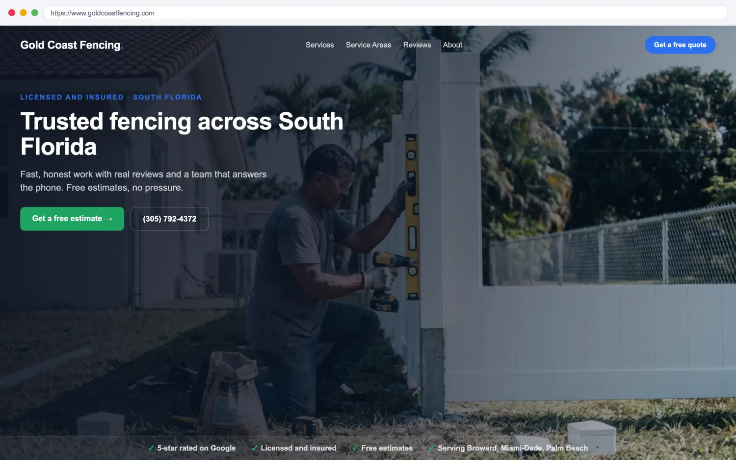 Illustrative example of a modern, fast fencing website by FoundRank.ai with a clear hero, a get-a-quote button, and trust signals.