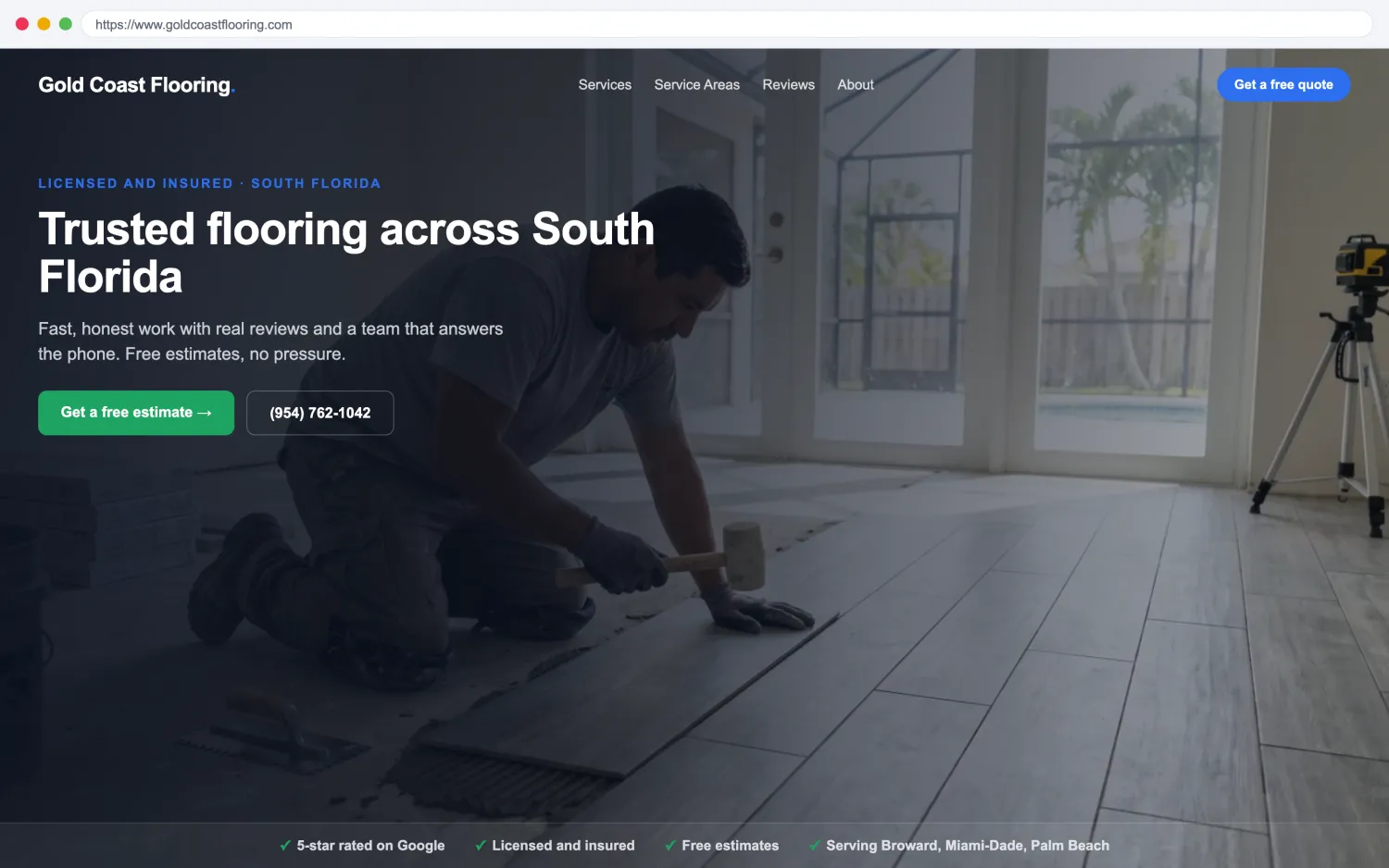 Illustrative example of a modern, fast flooring website by FoundRank.ai with a clear hero, a get-a-quote button, and trust signals.