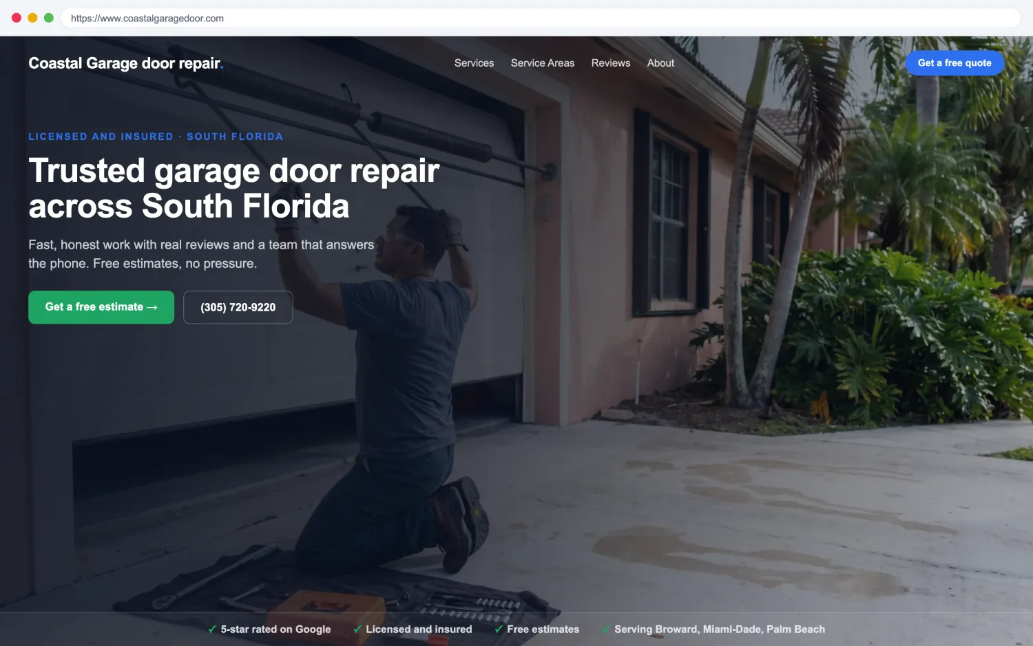 Illustrative example of a modern, fast garage door repair website by FoundRank.ai with a clear hero, a get-a-quote button, and trust signals.