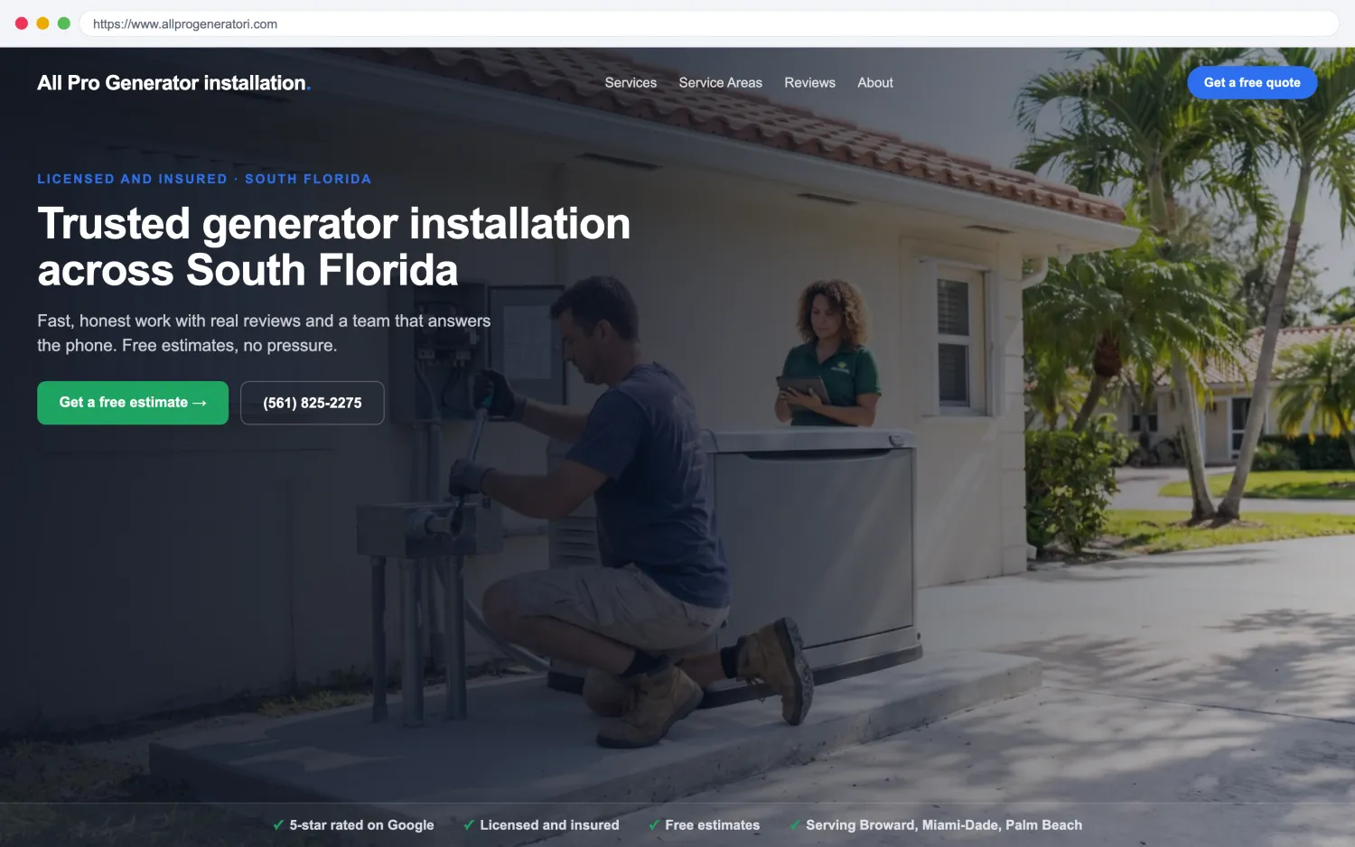 Illustrative example of a modern, fast generator installation website by FoundRank.ai with a clear hero, a get-a-quote button, and trust signals.