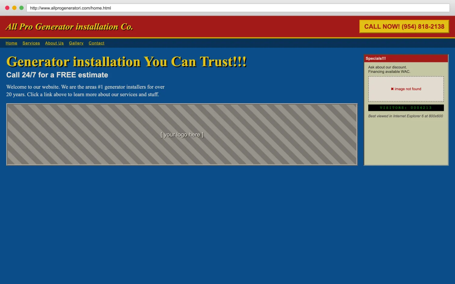 Illustrative example of a dated, broken generator installation website with clashing colors, a missing image, and hard-to-read layout.