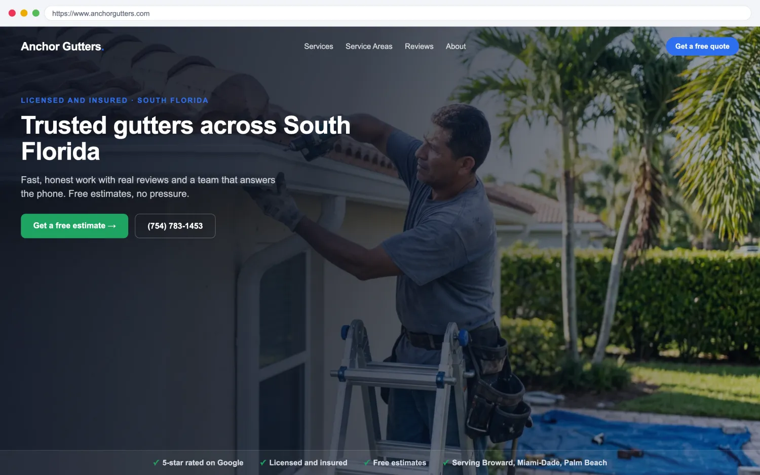 Illustrative example of a modern, fast gutters website by FoundRank.ai with a clear hero, a get-a-quote button, and trust signals.