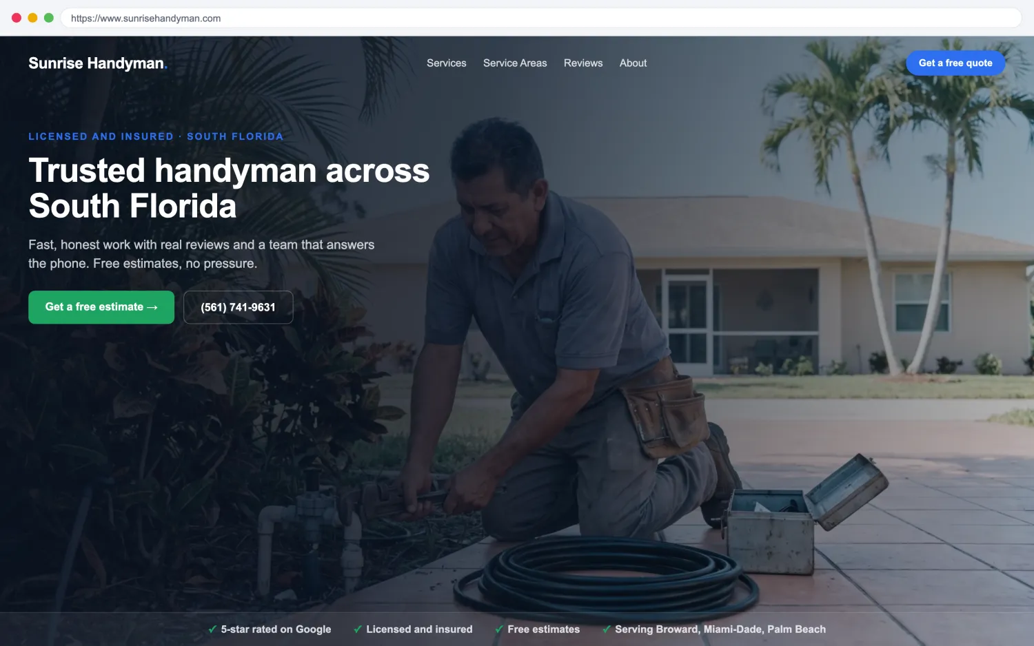 Illustrative example of a modern, fast handyman website by FoundRank.ai with a clear hero, a get-a-quote button, and trust signals.