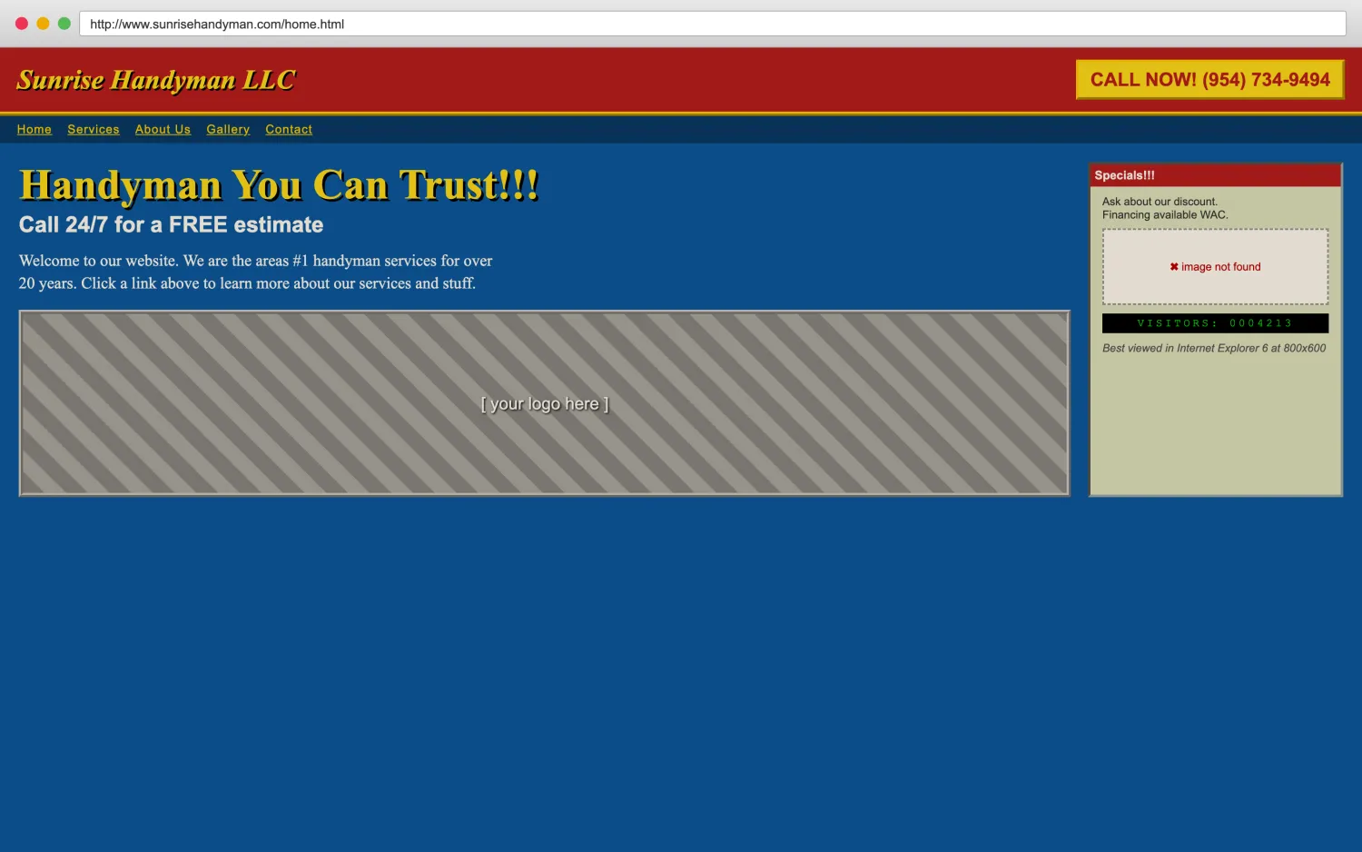 Illustrative example of a dated, broken handyman website with clashing colors, a missing image, and hard-to-read layout.