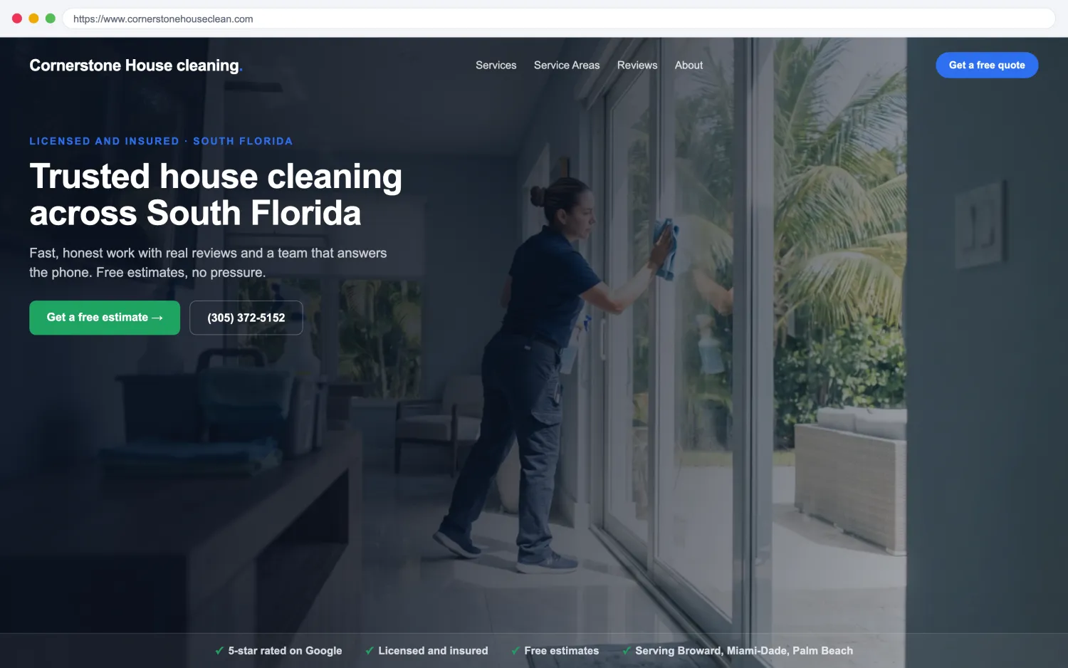 Illustrative example of a modern, fast house cleaning website by FoundRank.ai with a clear hero, a get-a-quote button, and trust signals.