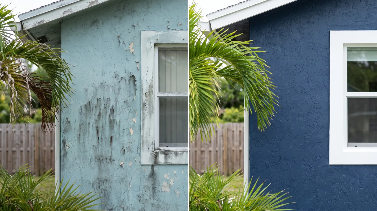 A before-and-after comparison of an exterior house wall in South Florida, faded and stained on the left and freshly painted and clean on the right.