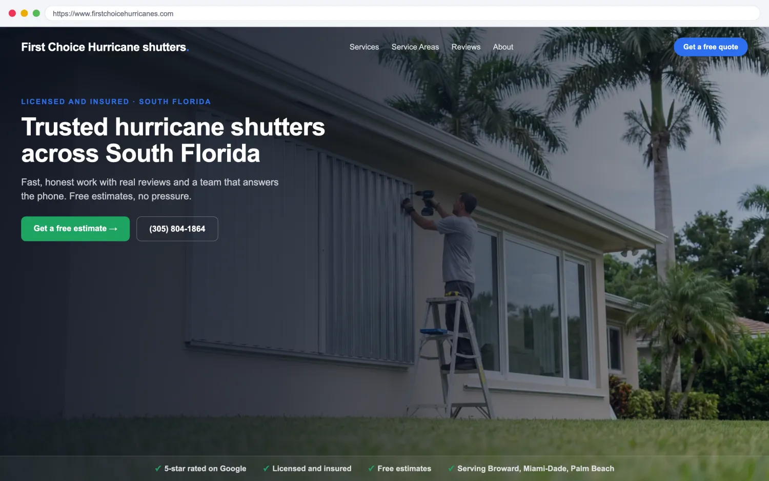 Illustrative example of a modern, fast hurricane shutters website by FoundRank.ai with a clear hero, a get-a-quote button, and trust signals.