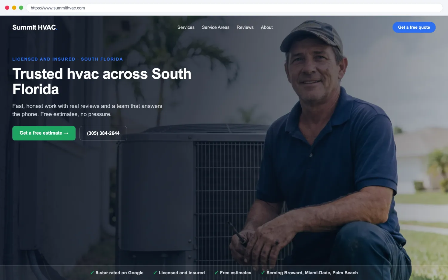Illustrative example of a modern, fast hvac website by FoundRank.ai with a clear hero, a get-a-quote button, and trust signals.