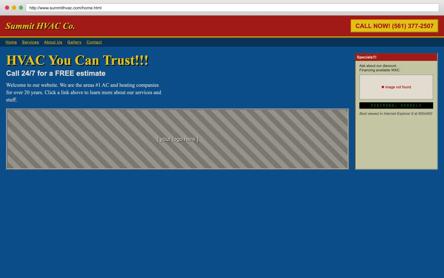 Illustrative example of a dated, broken hvac website with clashing colors, a missing image, and hard-to-read layout.