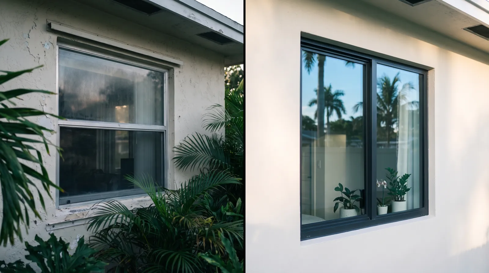 Before and after | FoundRank.AI A split before-and-after photo of a South Florida home window, showing an old aluminum window on the left and a new hurricane-impact window in the same opening on the right.