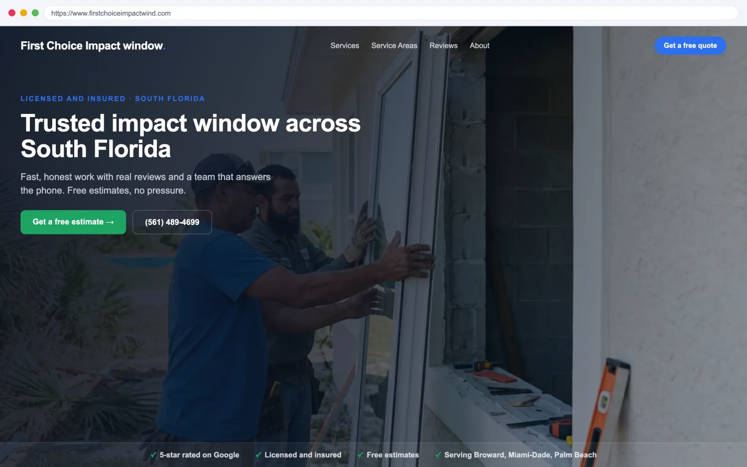 Illustrative example of a modern, fast impact window companies website by FoundRank.ai with a clear hero, a get-a-quote button, and trust signals.
