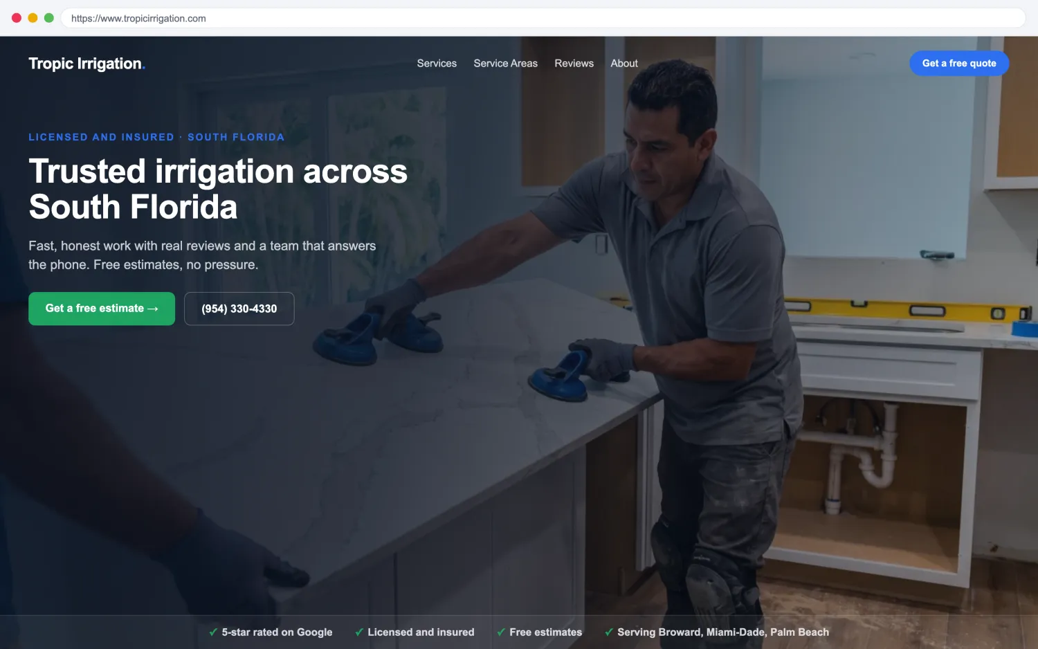 Illustrative example of a modern, fast irrigation and sprinklers website by FoundRank.ai with a clear hero, a get-a-quote button, and trust signals.