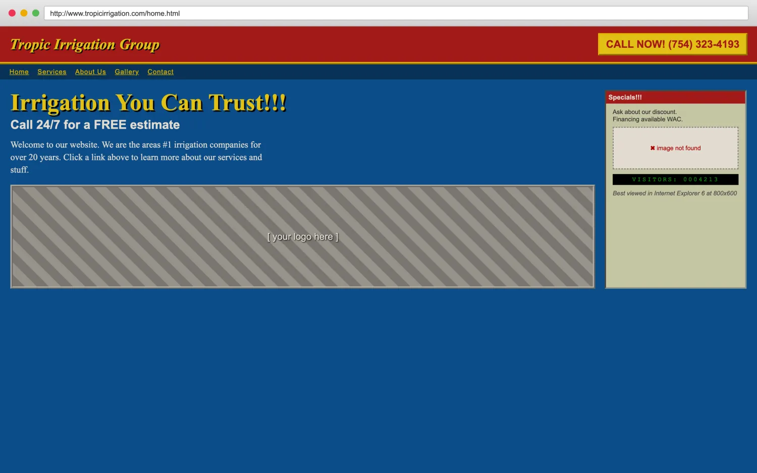 Illustrative example of a dated, broken irrigation and sprinklers website with clashing colors, a missing image, and hard-to-read layout.