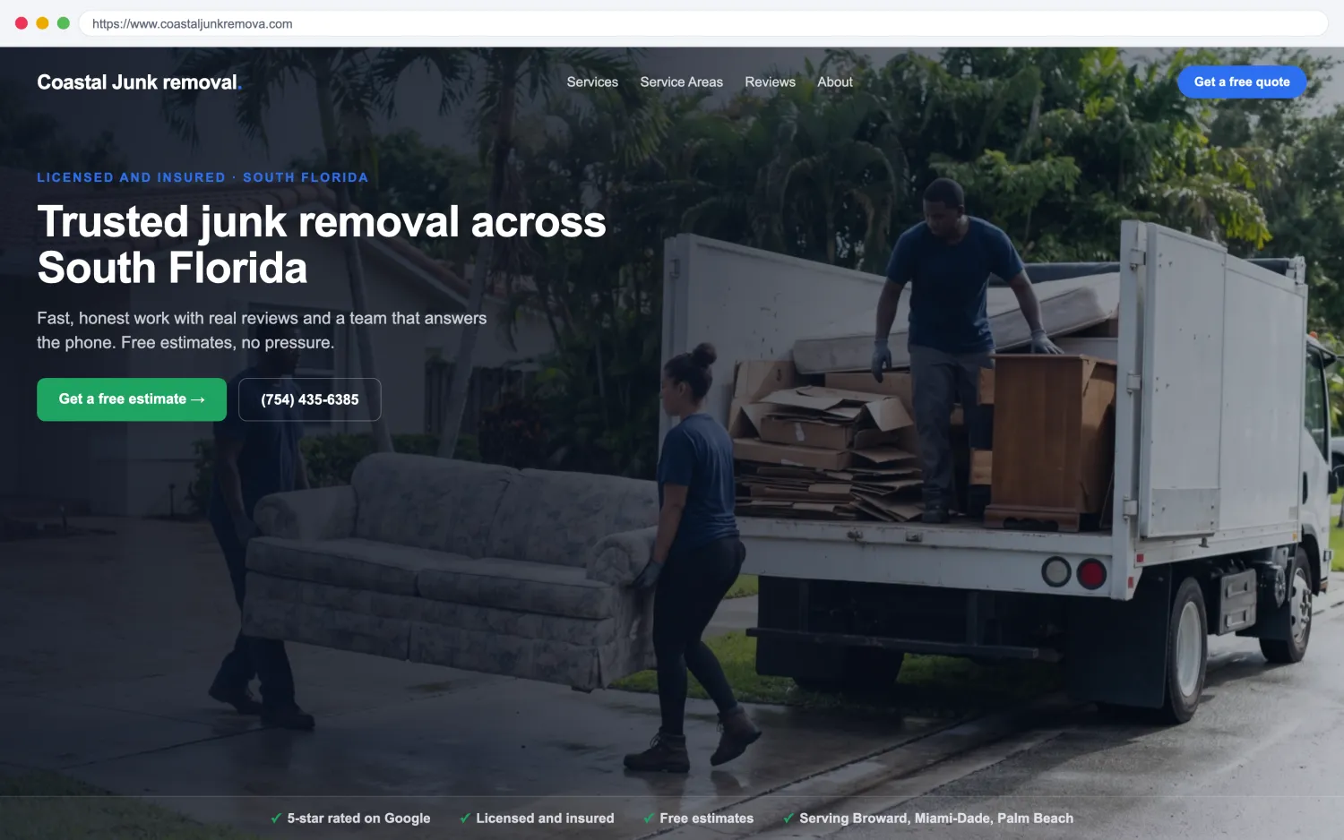Illustrative example of a modern, fast junk removal website by FoundRank.ai with a clear hero, a get-a-quote button, and trust signals.