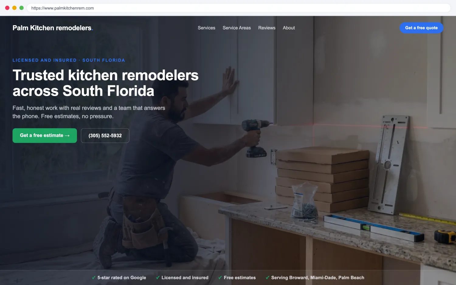 Illustrative example of a modern, fast kitchen remodelers website by FoundRank.ai with a clear hero, a get-a-quote button, and trust signals.