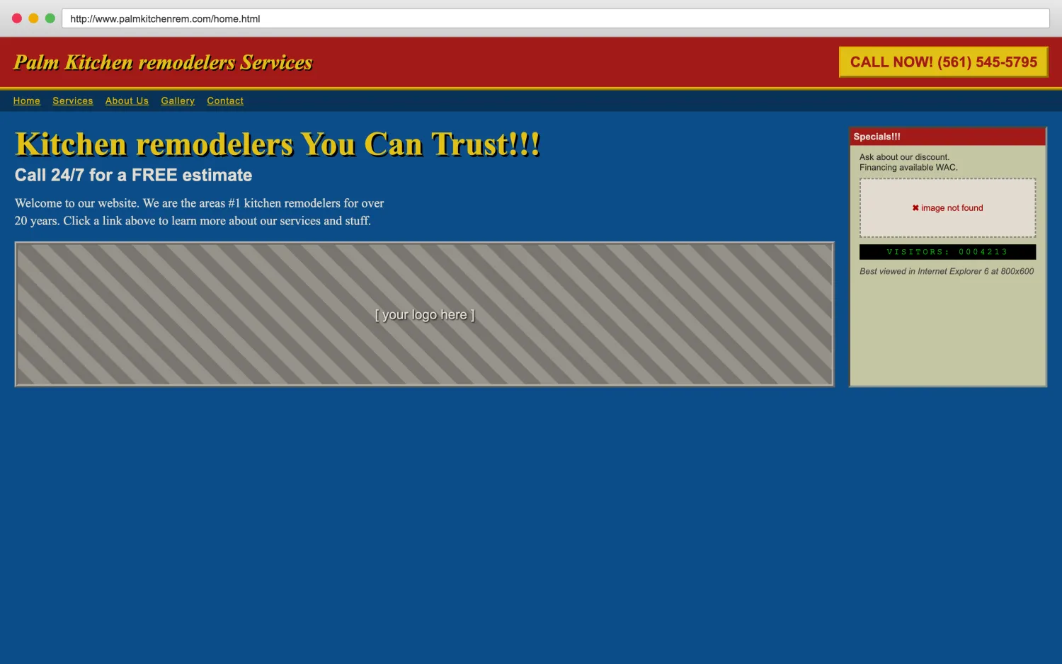 Illustrative example of a dated, broken kitchen remodelers website with clashing colors, a missing image, and hard-to-read layout.