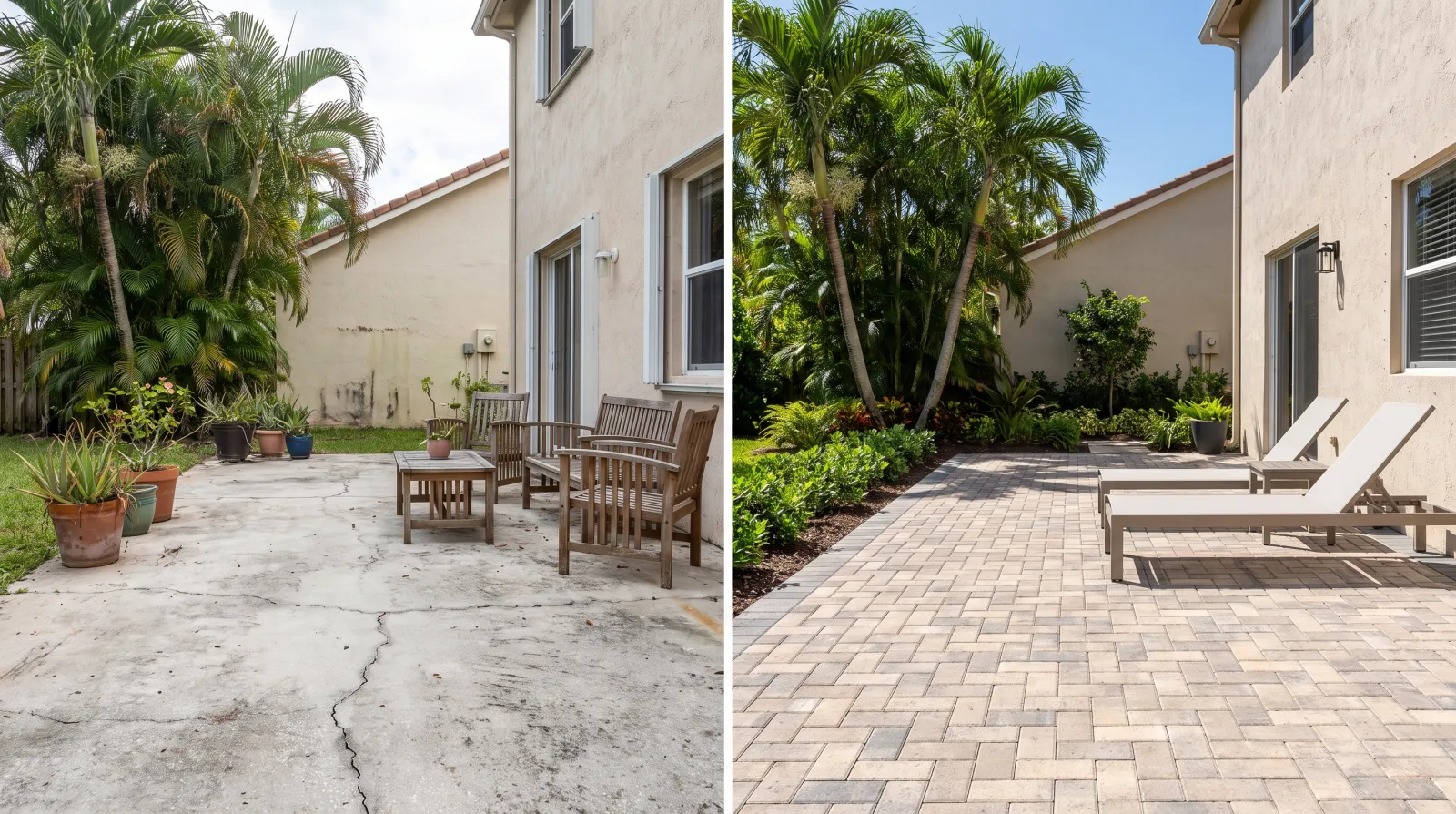 A before-and-after split image of a South Florida backyard patio, showing overgrown palms and a cracked concrete slab on the left transformed into manicured tropical landscaping with a new paver patio on the right.