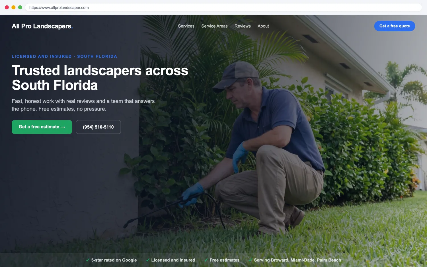 Illustrative example of a modern, fast landscapers website by FoundRank.ai with a clear hero, a get-a-quote button, and trust signals.