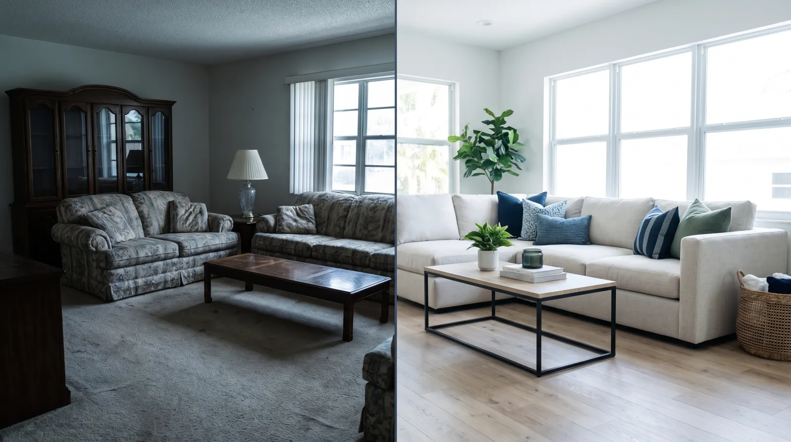 Before and after | FoundRank.AI A split before-and-after photo of a South Florida living room showing a dated dim space on the left and a bright modern remodeled space on the right.