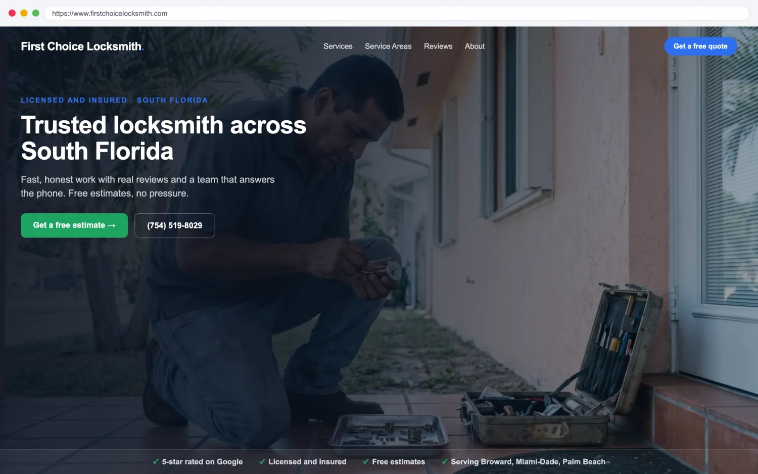 Illustrative example of a modern, fast locksmith website by FoundRank.ai with a clear hero, a get-a-quote button, and trust signals.