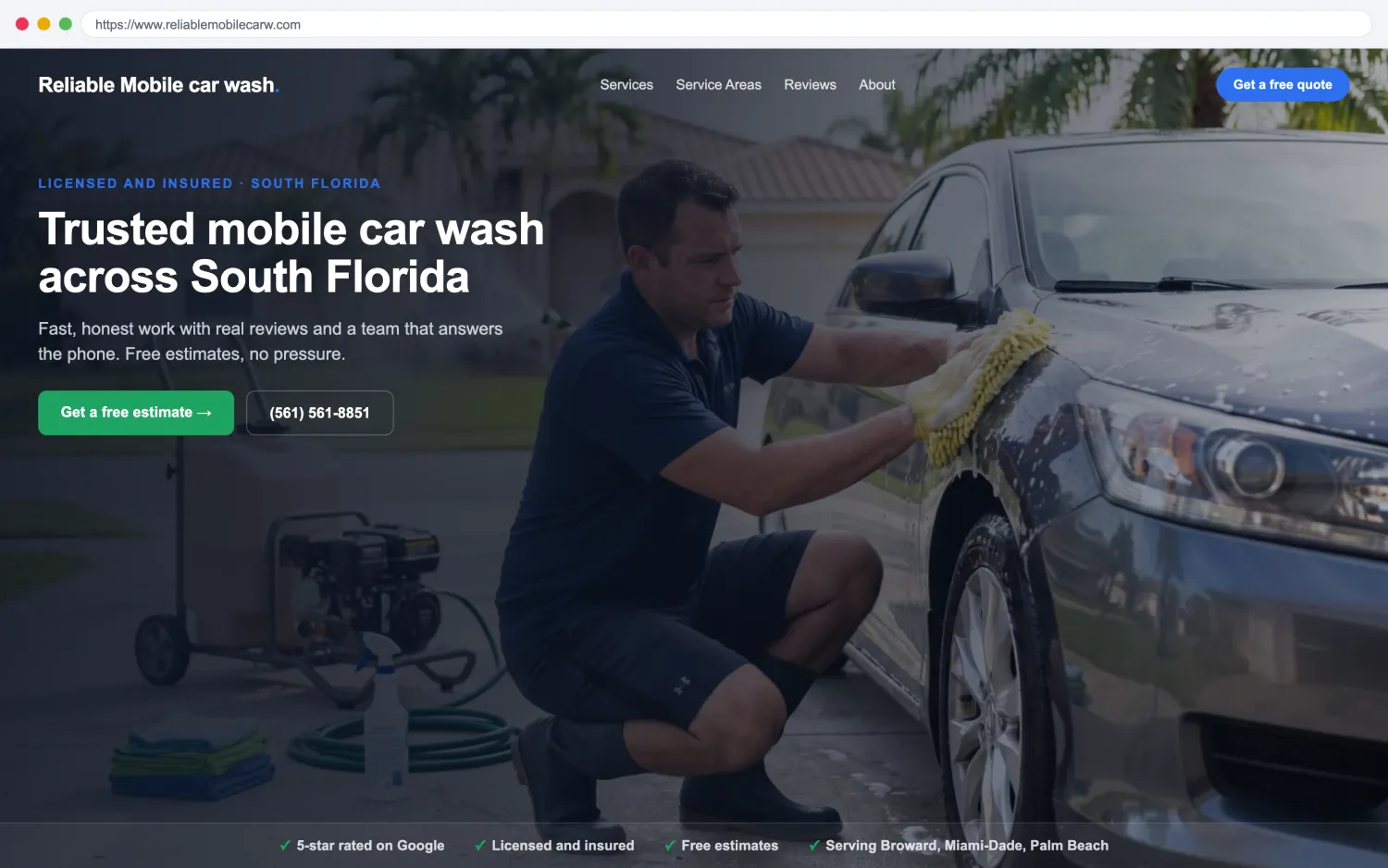 Illustrative example of a modern, fast mobile car wash website by FoundRank.ai with a clear hero, a get-a-quote button, and trust signals.