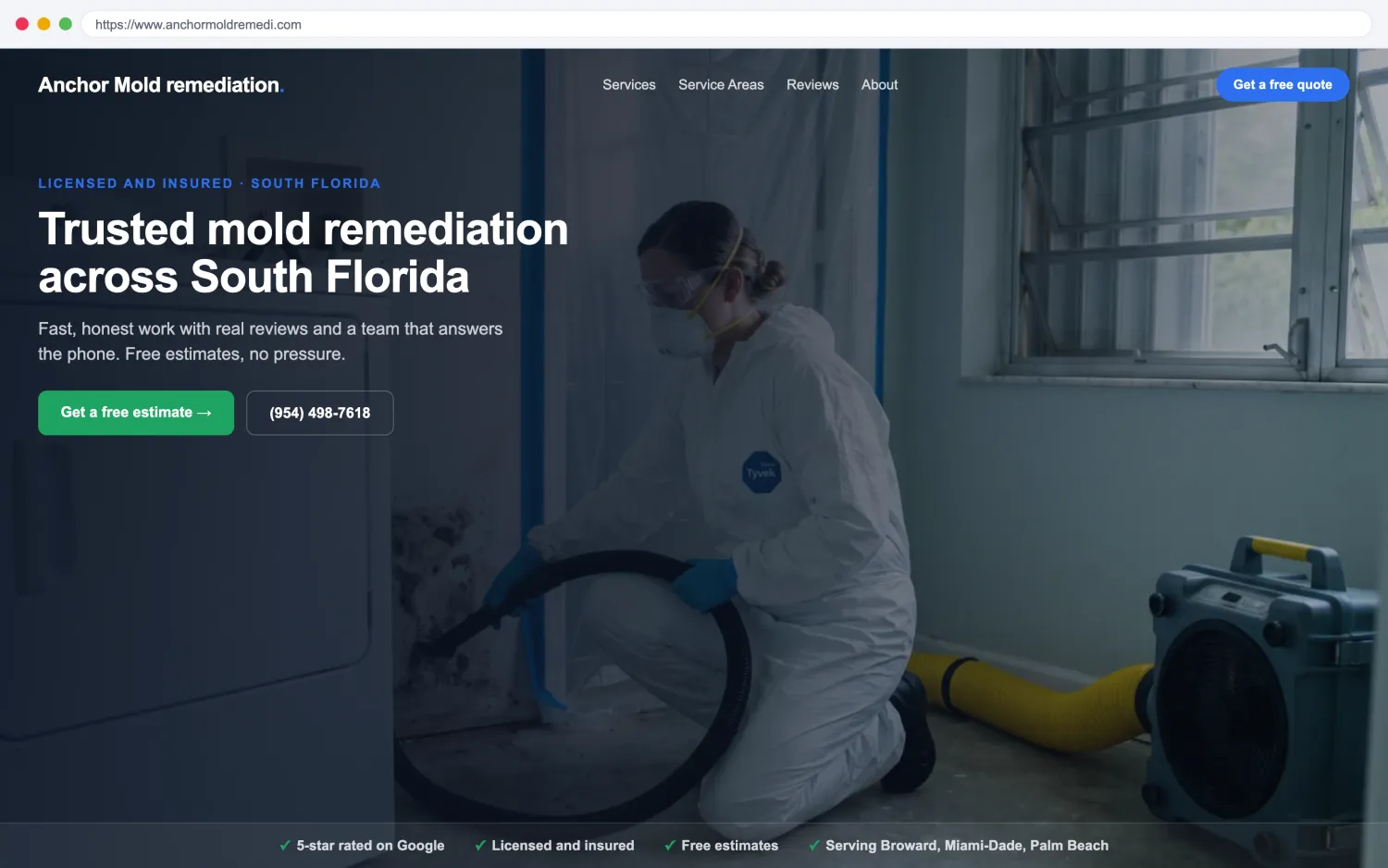 Illustrative example of a modern, fast mold remediation website by FoundRank.ai with a clear hero, a get-a-quote button, and trust signals.