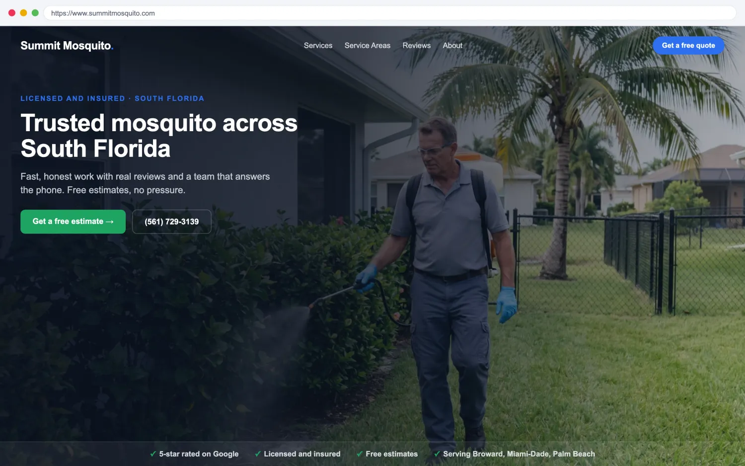 Illustrative example of a modern, fast mosquito and lawn pest website by FoundRank.ai with a clear hero, a get-a-quote button, and trust signals.