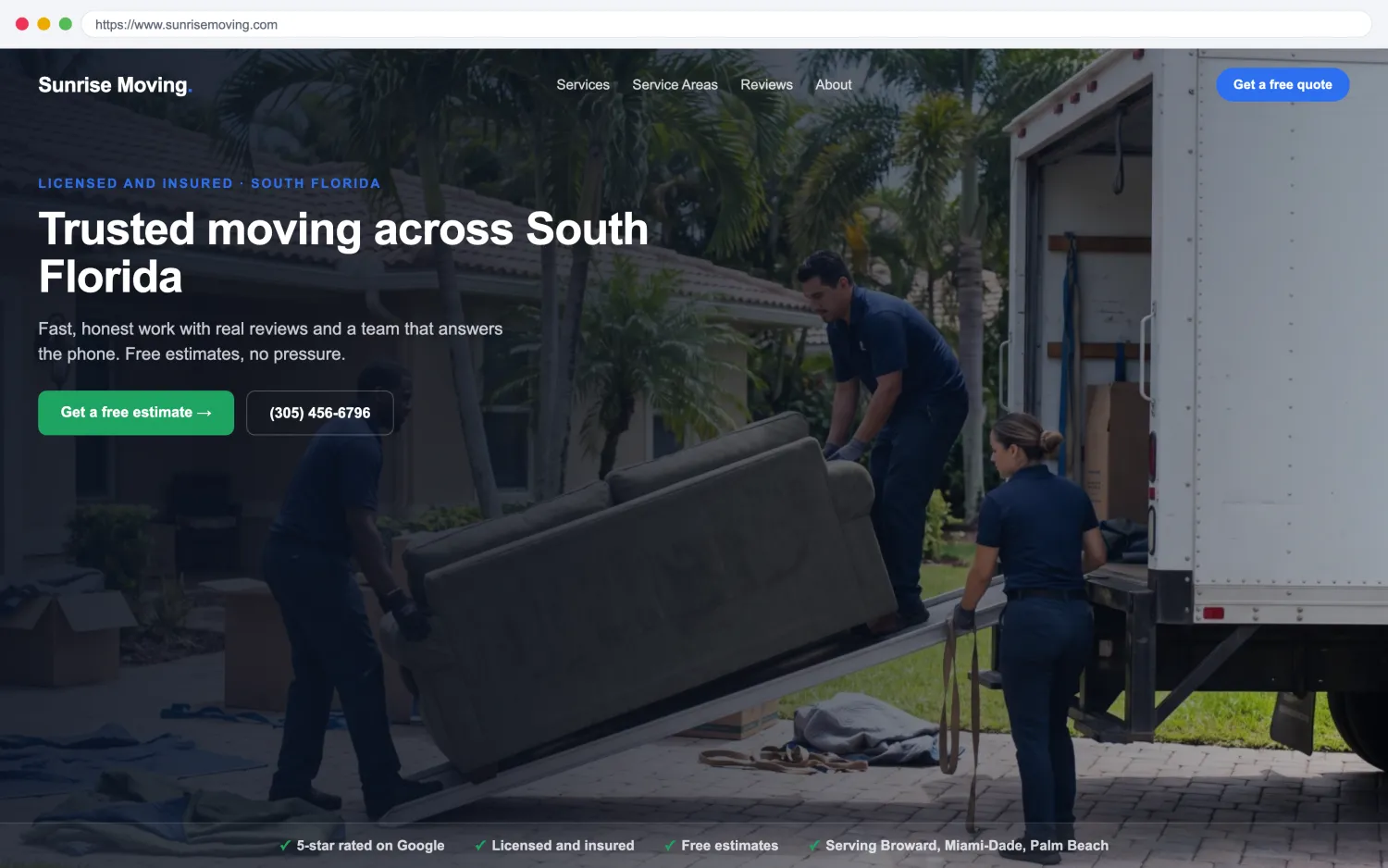 Illustrative example of a modern, fast moving companies website by FoundRank.ai with a clear hero, a get-a-quote button, and trust signals.