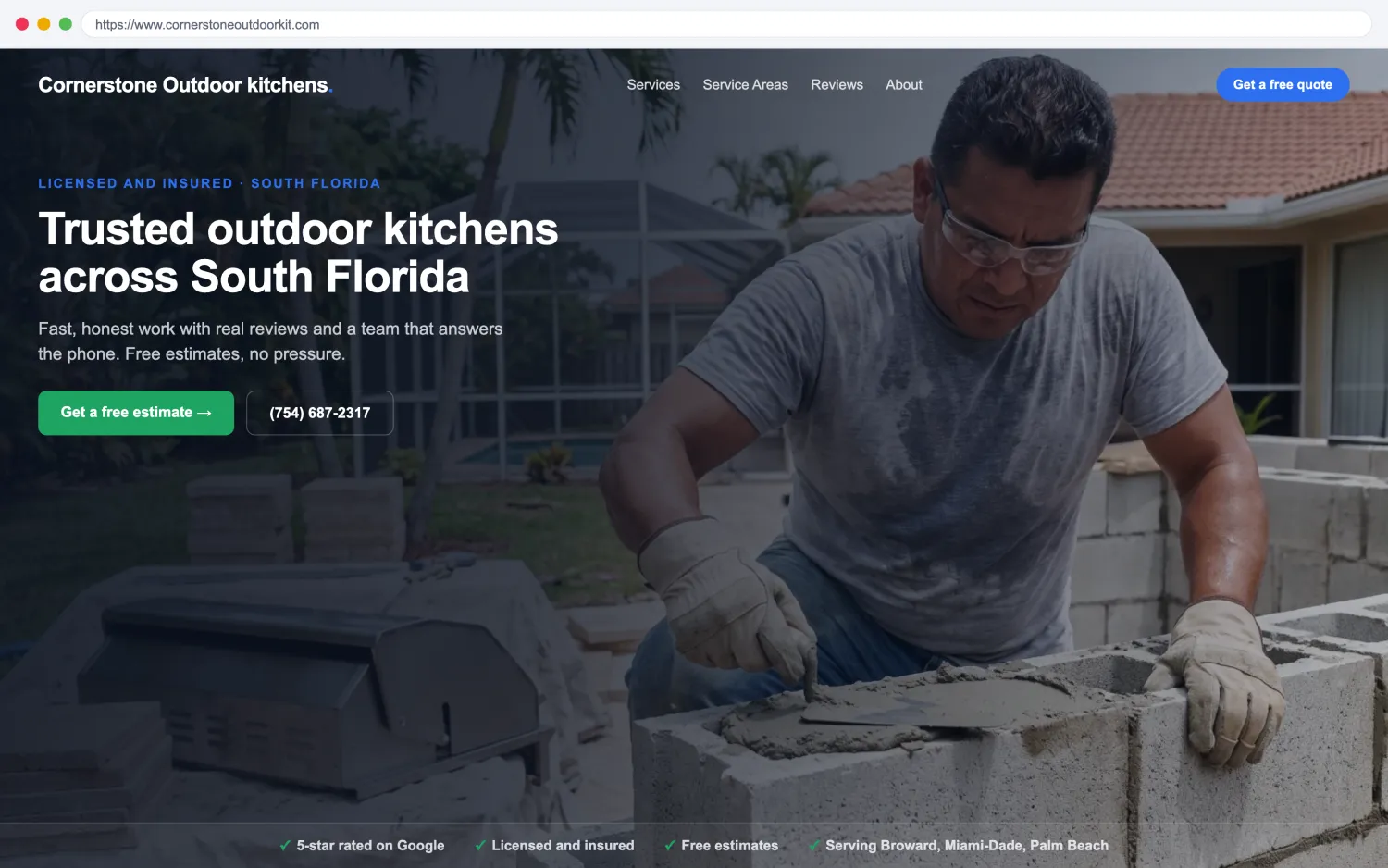 Illustrative example of a modern, fast outdoor kitchens website by FoundRank.ai with a clear hero, a get-a-quote button, and trust signals.