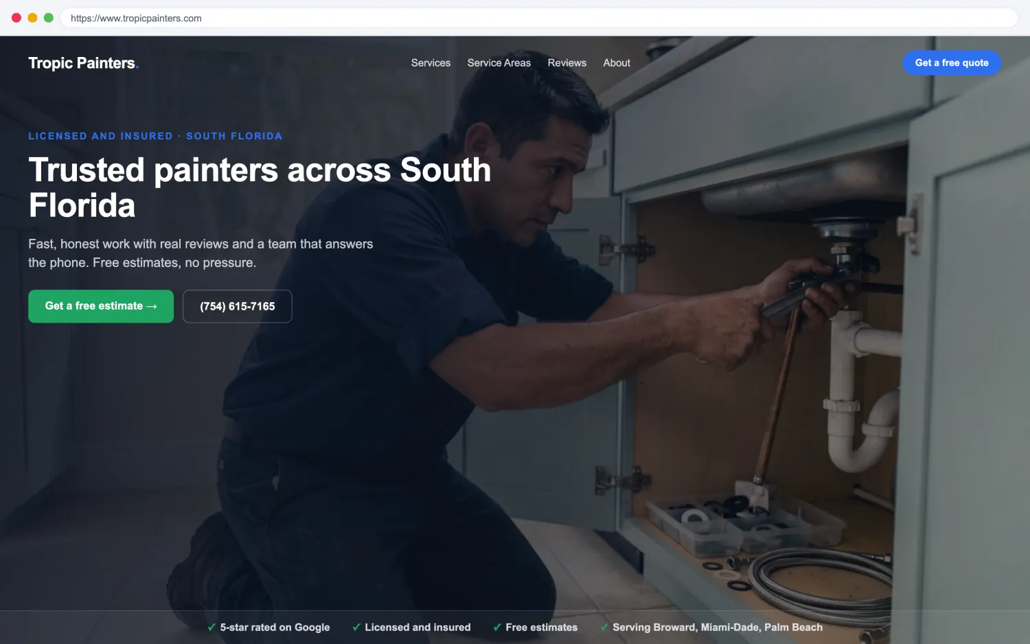 Illustrative example of a modern, fast painters website by FoundRank.ai with a clear hero, a get-a-quote button, and trust signals.