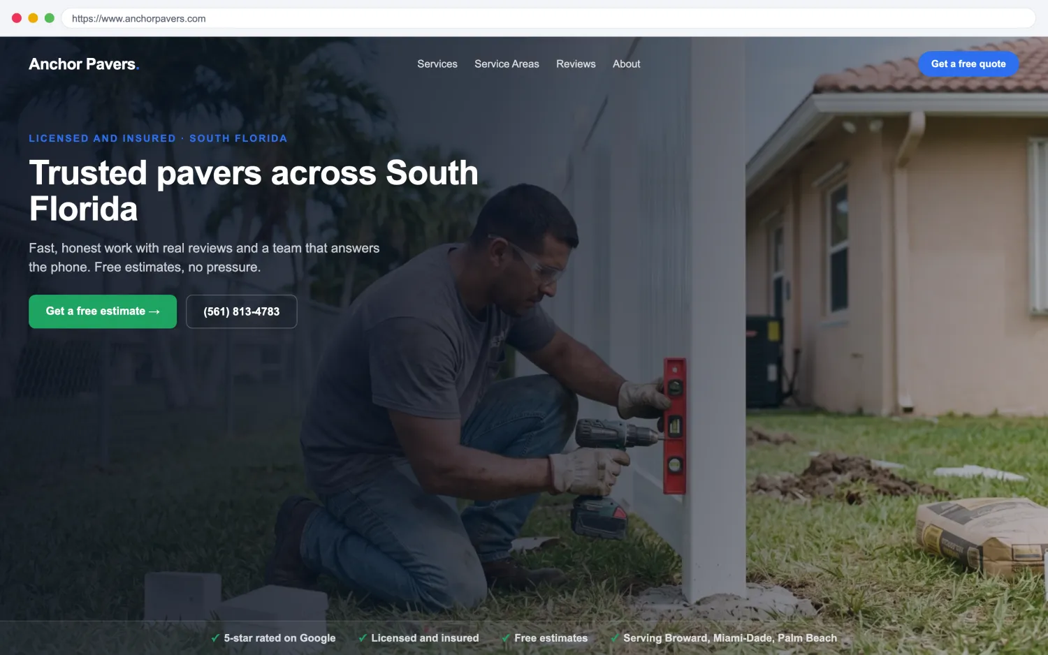 Illustrative example of a modern, fast pavers and hardscaping website by FoundRank.ai with a clear hero, a get-a-quote button, and trust signals.