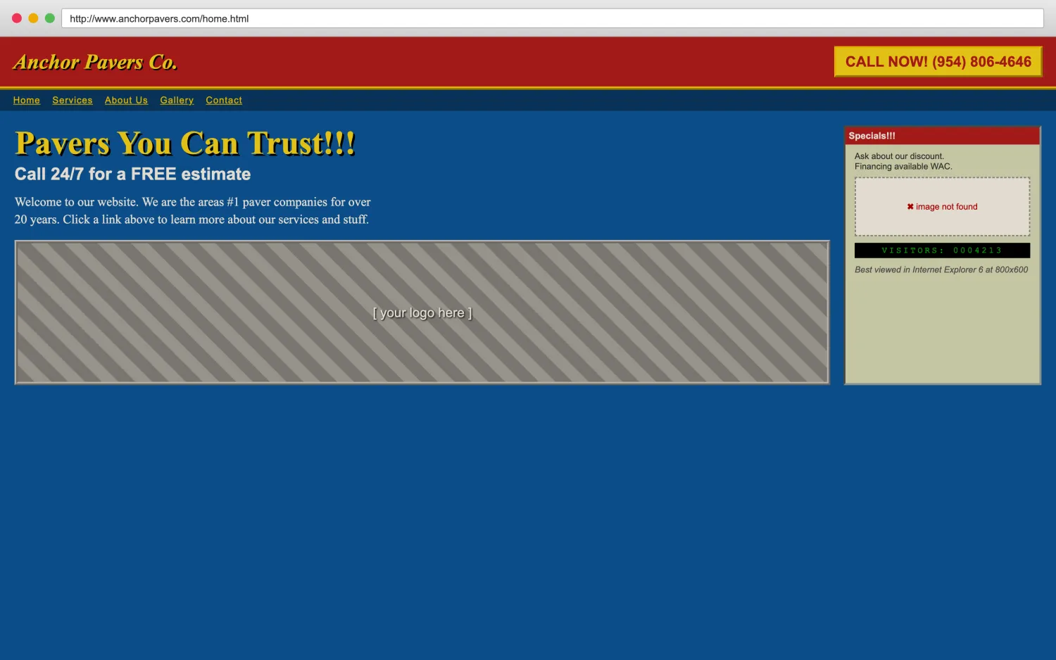 Illustrative example of a dated, broken pavers and hardscaping website with clashing colors, a missing image, and hard-to-read layout.