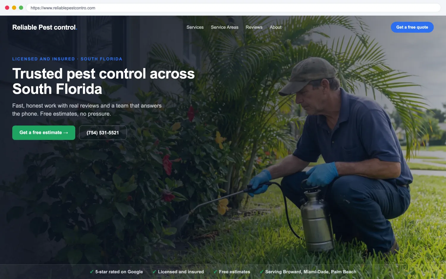 Illustrative example of a modern, fast pest control website by FoundRank.ai with a clear hero, a get-a-quote button, and trust signals.
